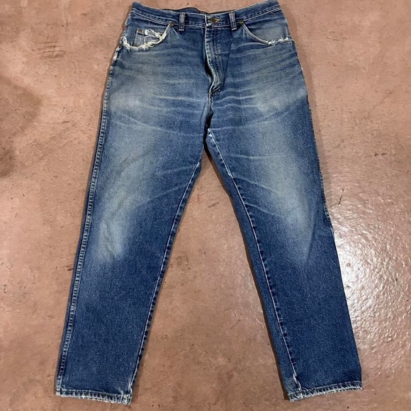 Vintage 90s Distressed Wrangler Star Patch Faded Denim‎ Blue Jeans - Picture 3 of 8